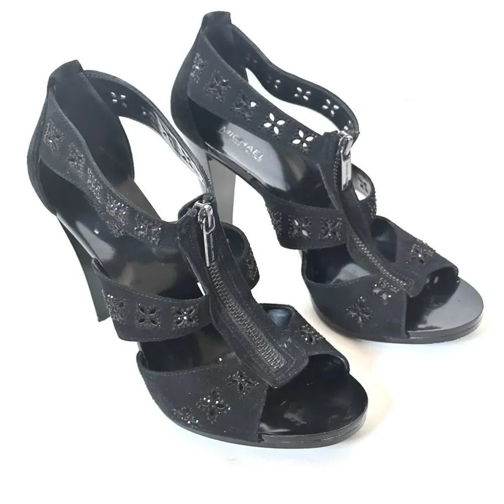 Michael Kors Berkley Floral T Strap Black Suede Sandal Size 7.5